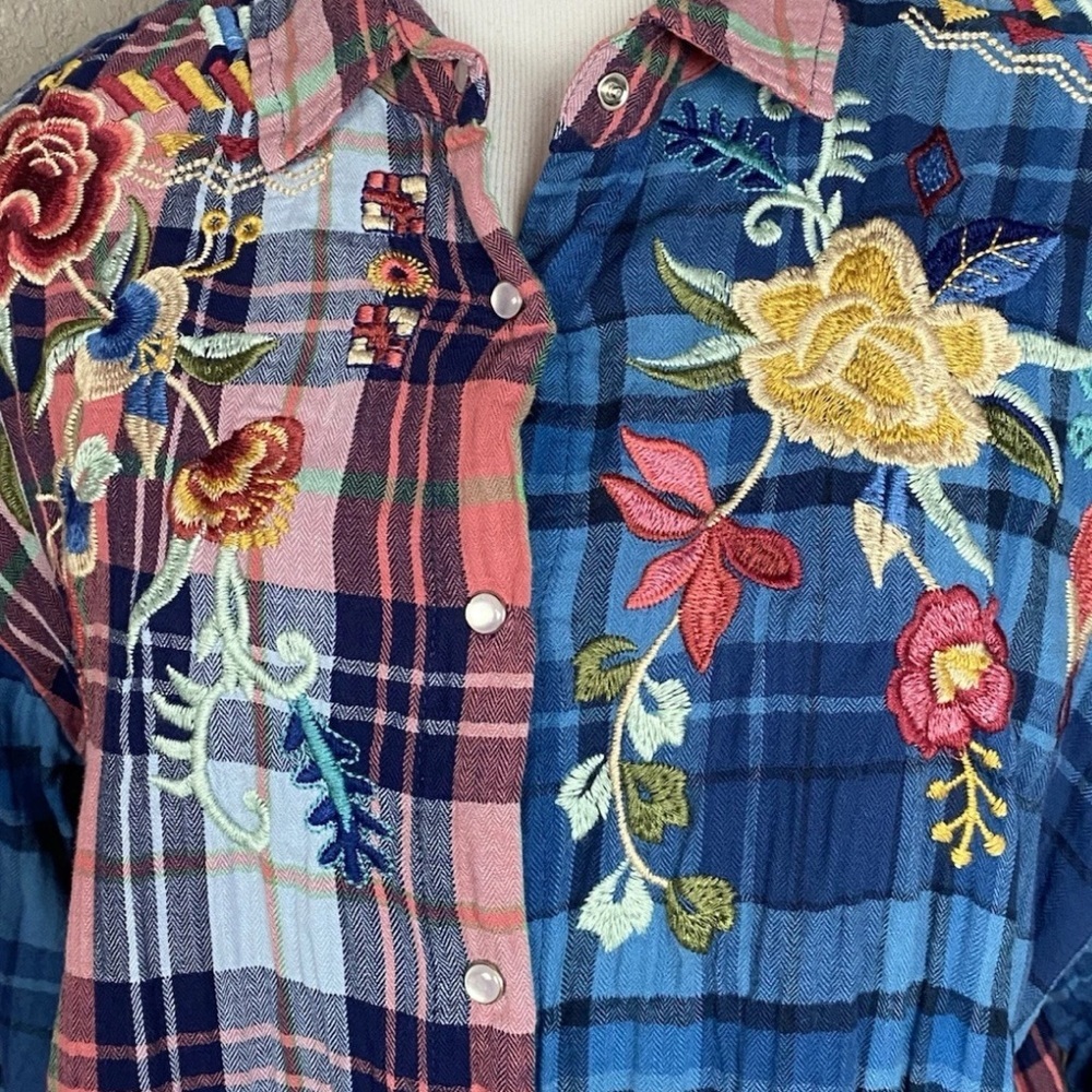 Johnny Was Pink and Blue Plaid Embroidered Eliona snap Button-Up Top - Picture 9 of 16